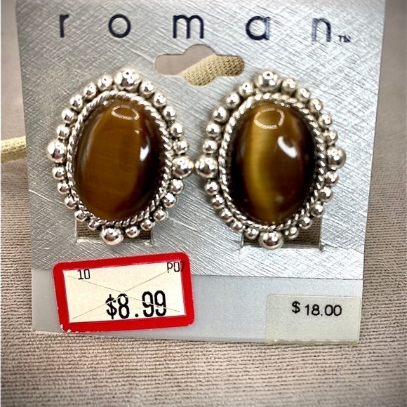 Vintage Roman tigers eye style cabochon set in silver tone clip on earrings NWT - Picture 3 of 8